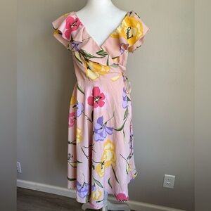 ASOS Pink Floral Midi Wrap Dress Womens 6 Coquette Girly Ruffles Romantic